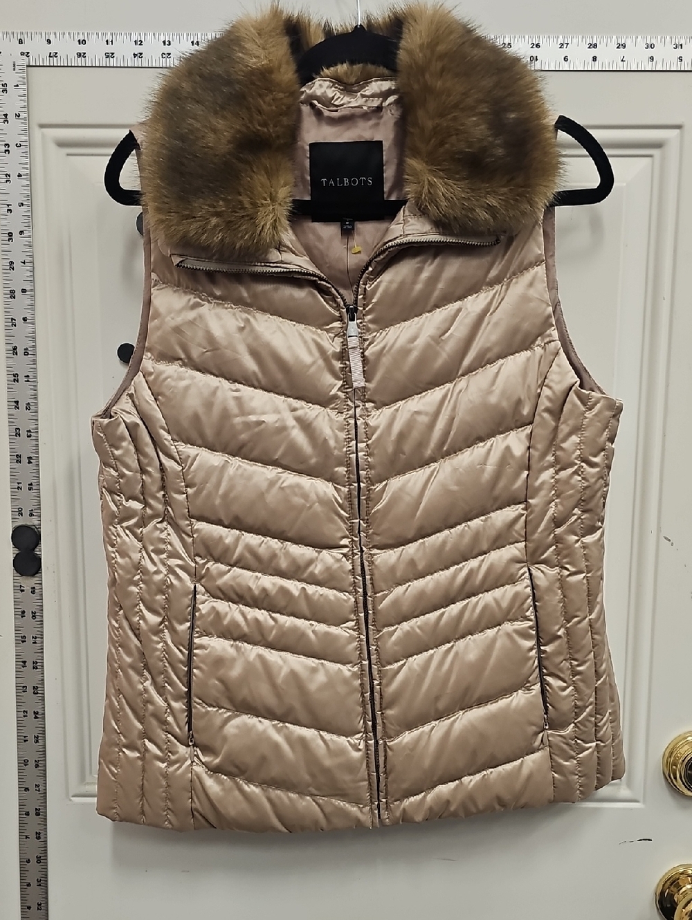 Talbots Quilted Puffer Vest with Faux-Fur Collar in Taupe